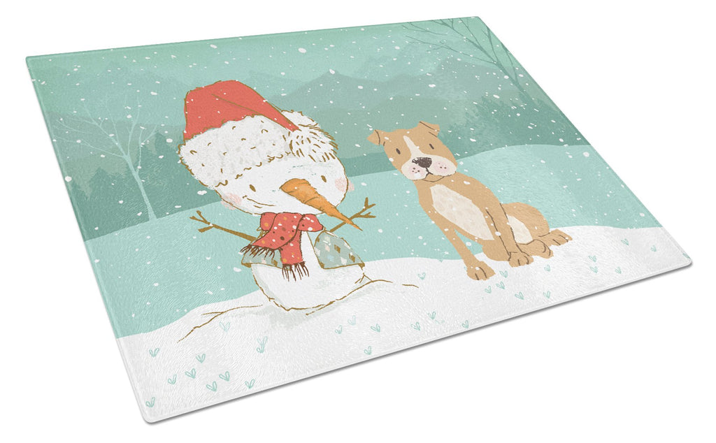 Brown Staffie Snowman Christmas Cutting Board Tempered Glass Kitchen Cutting Surface, Heat Resistant Chopping, Non-Slip Feet, Food Prep & Serving
