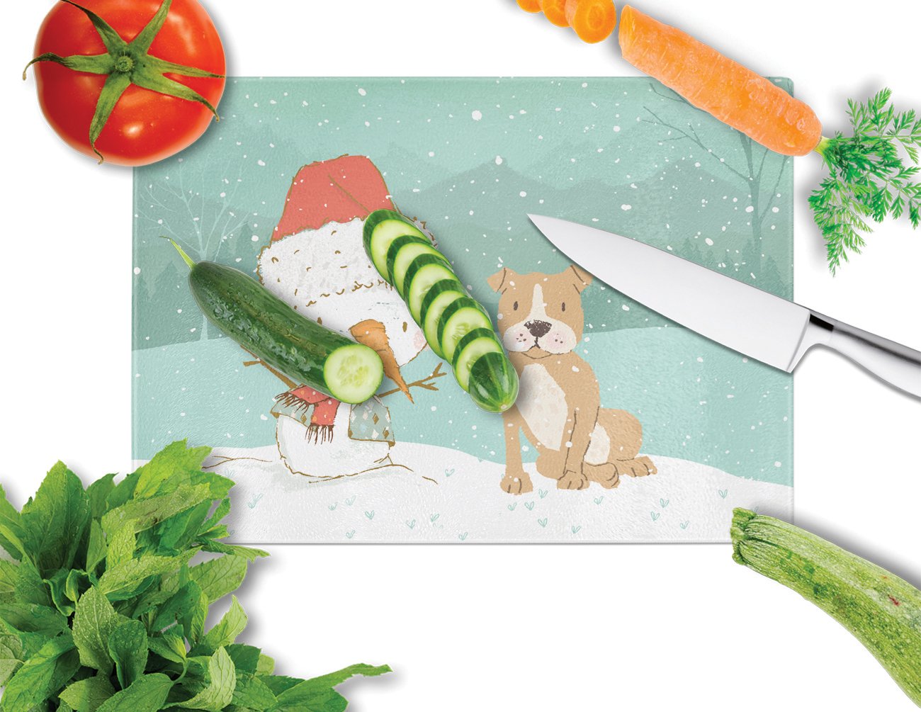 Brown Staffie Snowman Christmas Cutting Board Tempered Glass Kitchen Cutting Surface, Heat Resistant Chopping, Non-Slip Feet, Food Prep & Serving