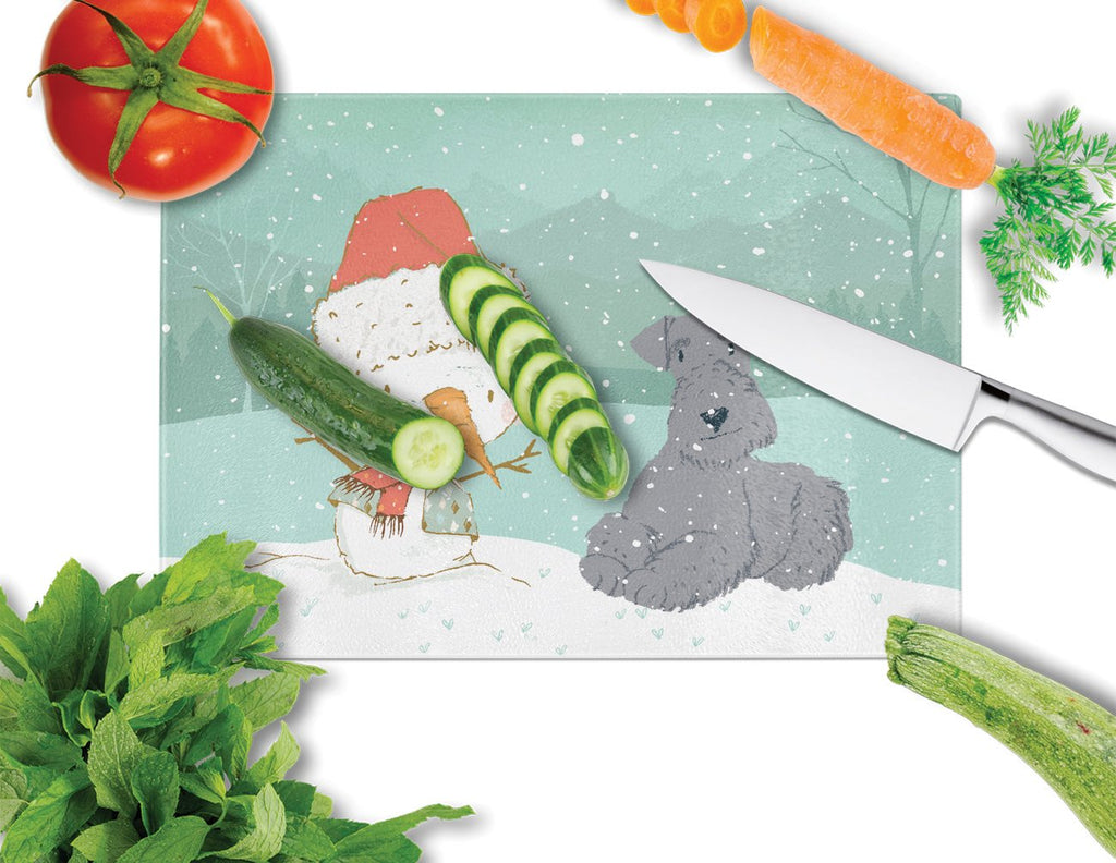 Lakeland Terrier Snowman Christmas Cutting Board Tempered Glass Kitchen Cutting Surface, Heat Resistant Chopping, Non-Slip Feet, Food Prep & Serving