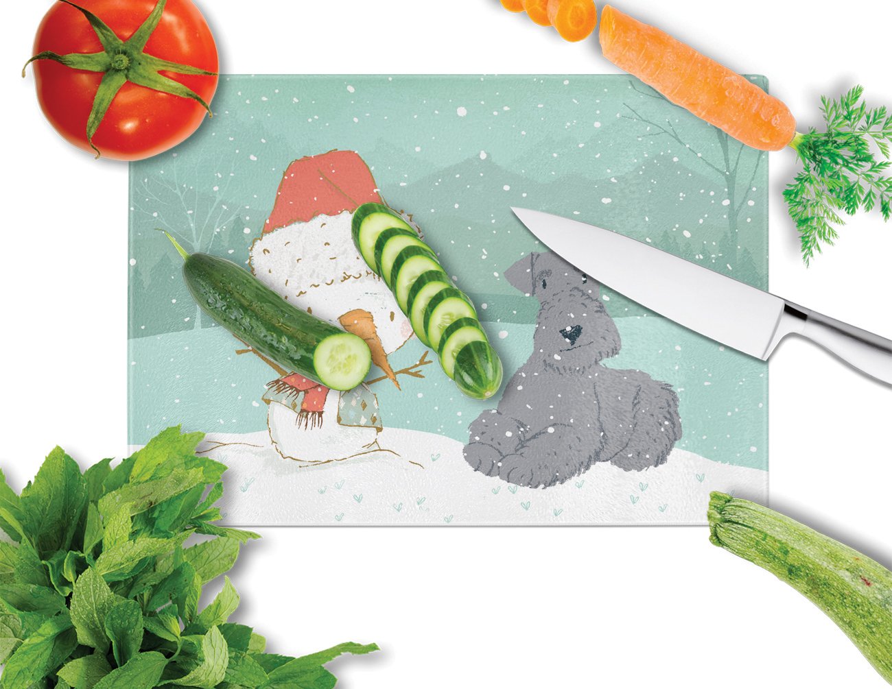Lakeland Terrier Snowman Christmas Cutting Board Tempered Glass Kitchen Cutting Surface, Heat Resistant Chopping, Non-Slip Feet, Food Prep & Serving