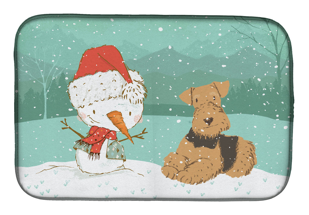 Airedale Terrier Snowman Christmas Dish Drying Mat Absorbent Dish Drying Mat Pad for Kitchen Counter Dish Drainer Mat for Countertop, 14 x 21", Multicolor