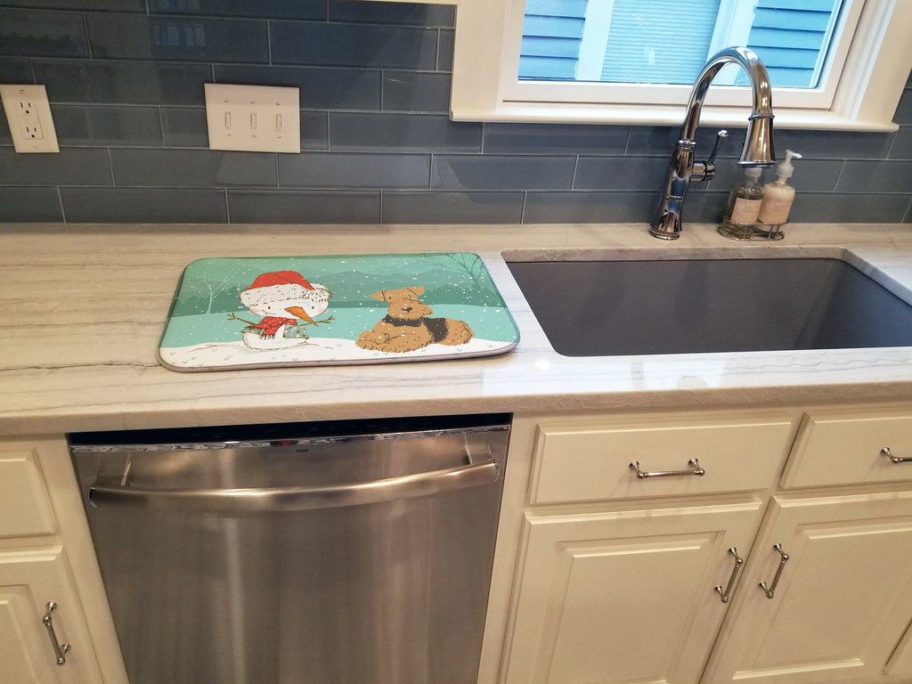Airedale Terrier Snowman Christmas Dish Drying Mat Absorbent Dish Drying Mat Pad for Kitchen Counter Dish Drainer Mat for Countertop, 14 x 21", Multicolor