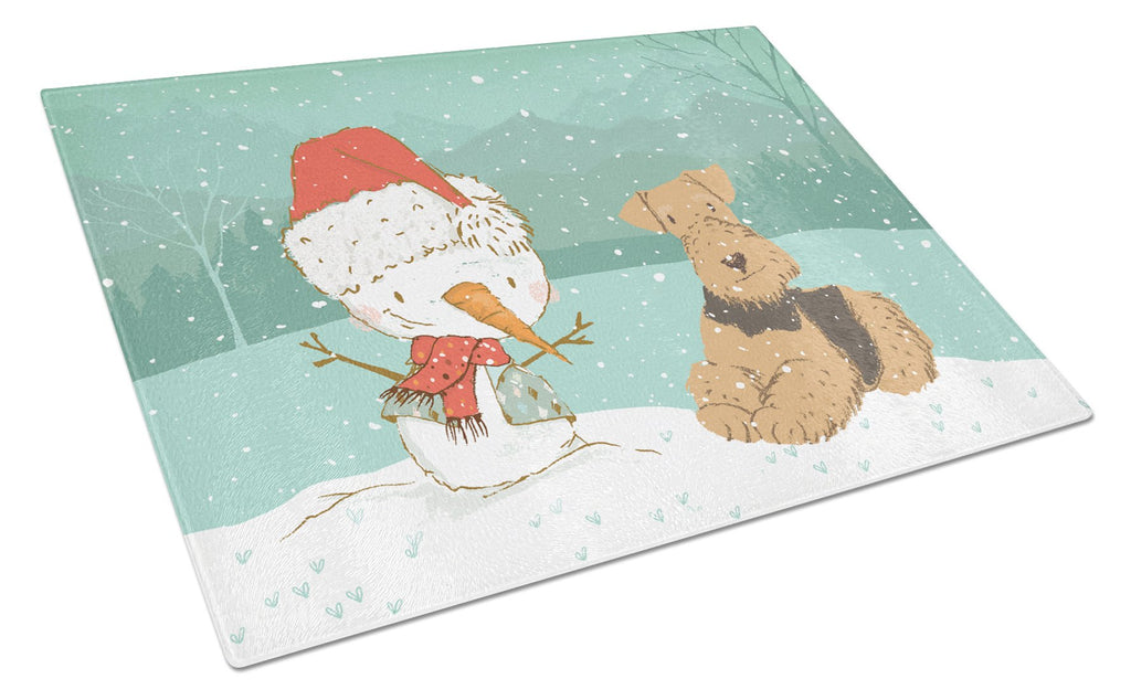 Airedale Terrier Snowman Christmas Cutting Board Tempered Glass Kitchen Cutting Surface, Heat Resistant Chopping, Non-Slip Feet, Food Prep & Serving