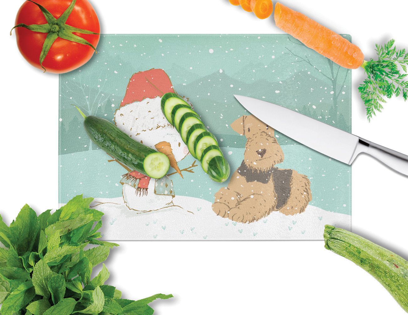 Airedale Terrier Snowman Christmas Cutting Board Tempered Glass Kitchen Cutting Surface, Heat Resistant Chopping, Non-Slip Feet, Food Prep & Serving