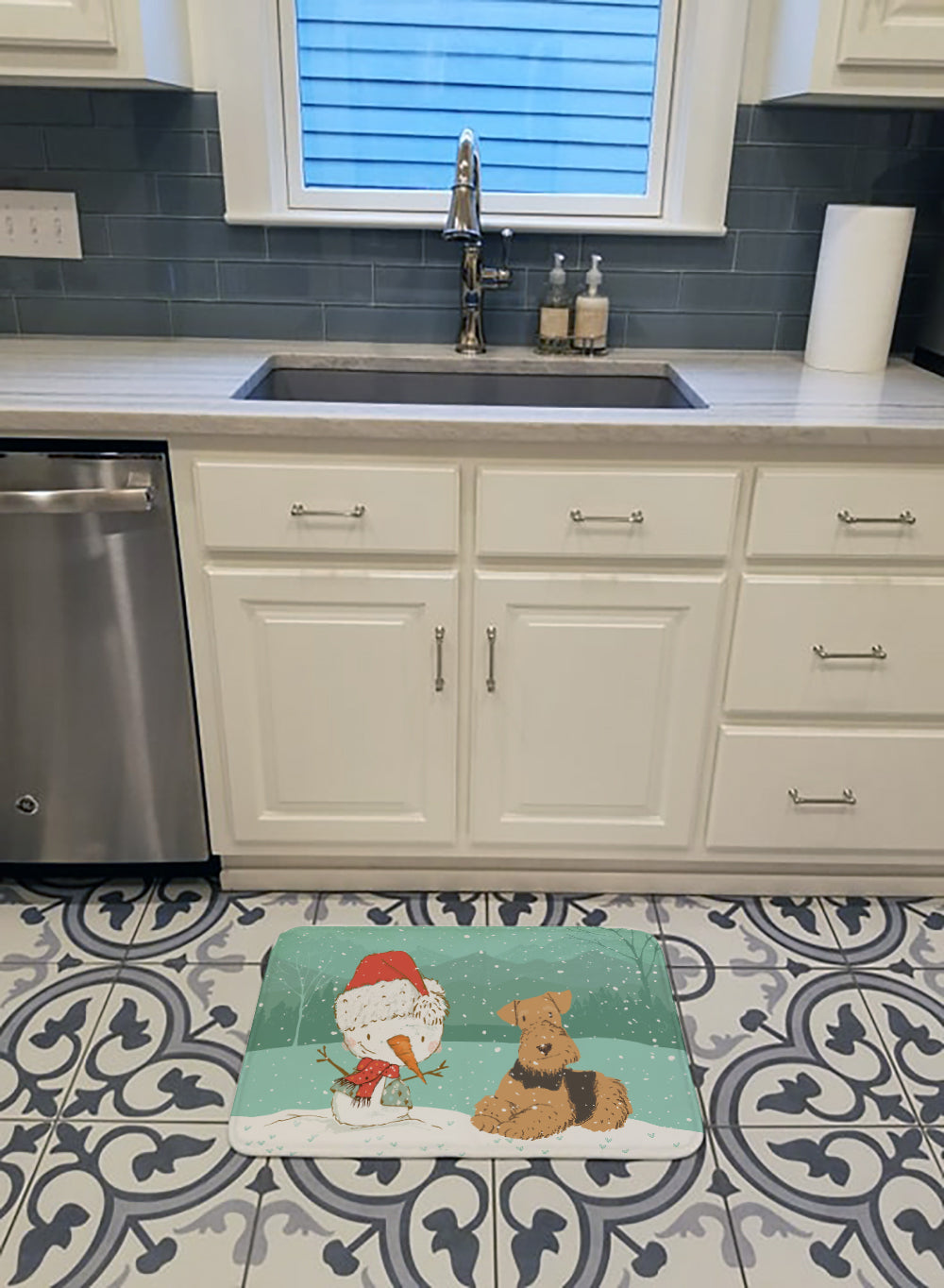 Airedale Terrier Snowman Christmas Memory Foam Kitchen Mat Machine Washable Anti-Fatigue Cushion Comfort Bath or Kitchen Rug