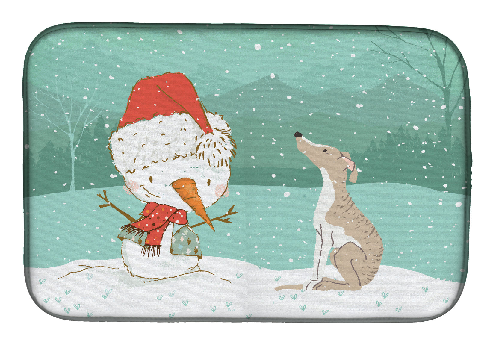 Whippet Snowman Christmas Dish Drying Mat Absorbent Dish Drying Mat Pad for Kitchen Counter Dish Drainer Mat for Countertop, 14 x 21", Multicolor