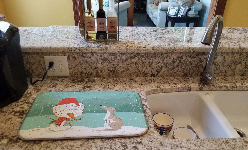 Whippet Snowman Christmas Dish Drying Mat Absorbent Dish Drying Mat Pad for Kitchen Counter Dish Drainer Mat for Countertop, 14 x 21", Multicolor
