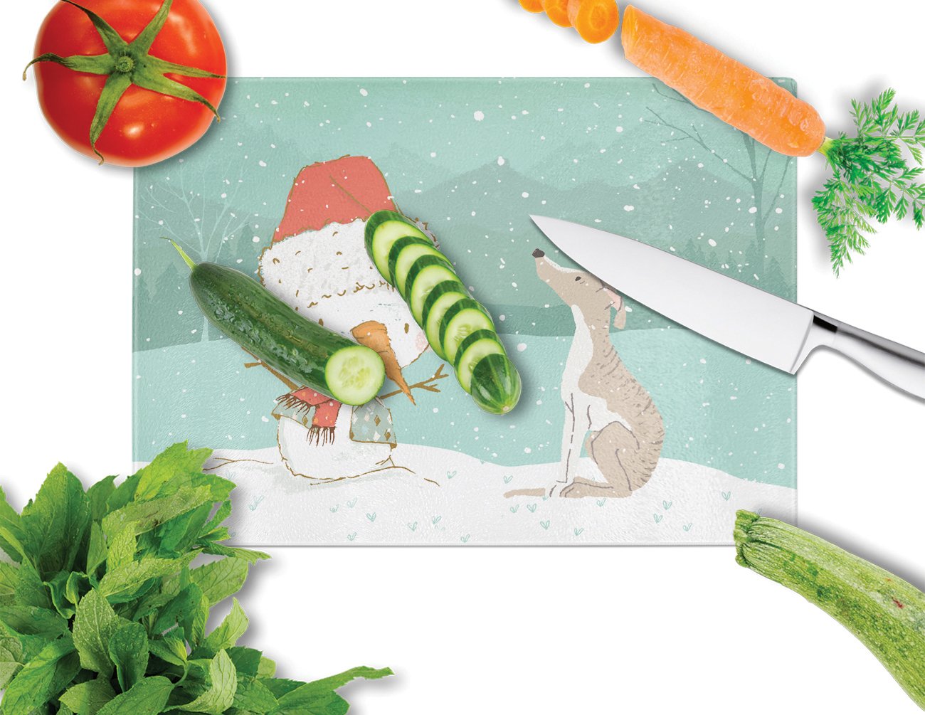 Whippet Snowman Christmas Cutting Board Tempered Glass Kitchen Cutting Surface, Heat Resistant Chopping, Non-Slip Feet, Food Prep & Serving