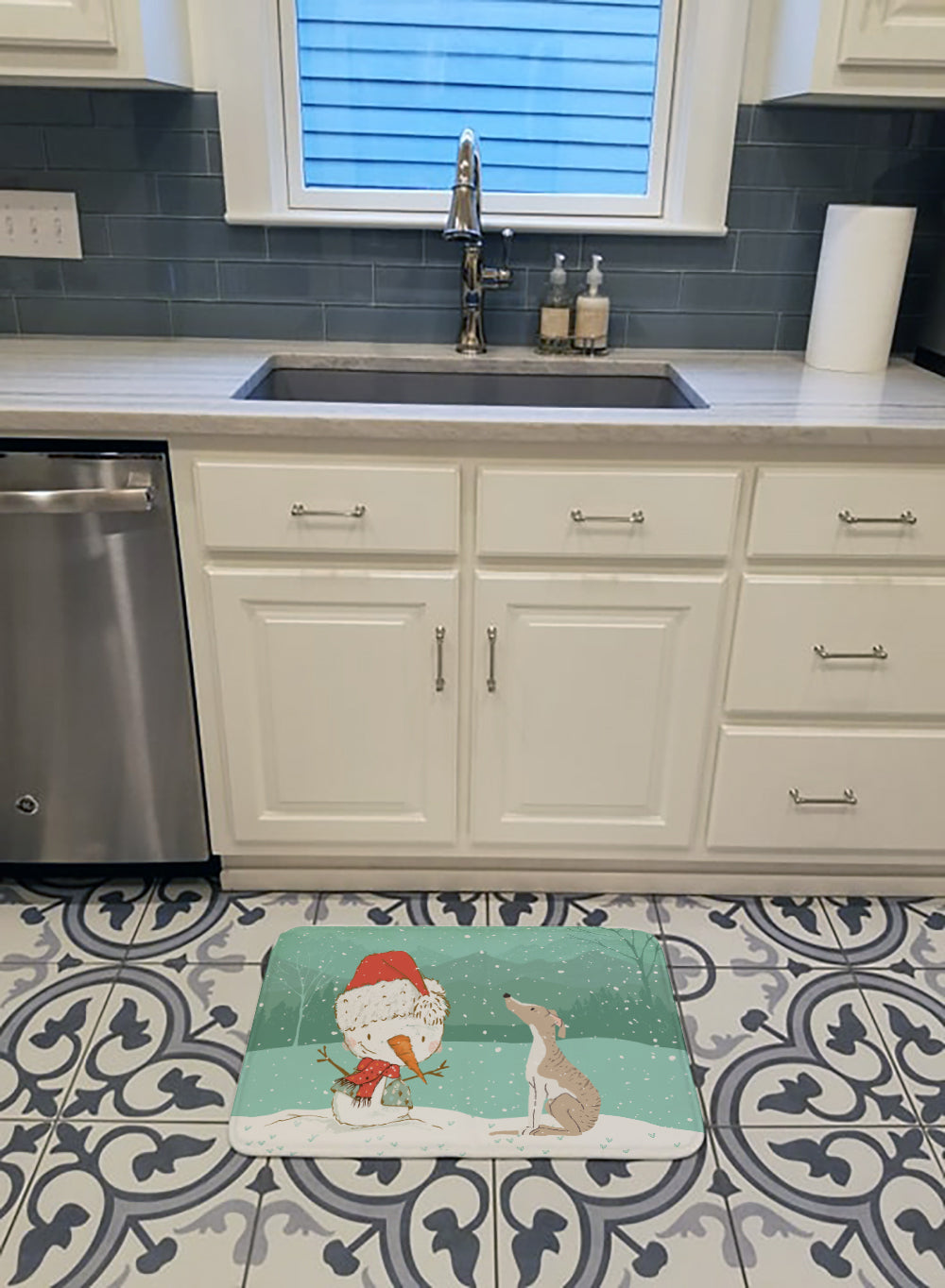Whippet Snowman Christmas Memory Foam Kitchen Mat Machine Washable Anti-Fatigue Cushion Comfort Bath or Kitchen Rug