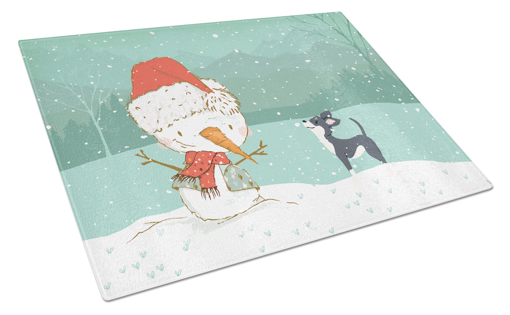 Black Chihuahua Snowman Christmas Cutting Board Tempered Glass Kitchen Cutting Surface, Heat Resistant Chopping, Non-Slip Feet, Food Prep & Serving