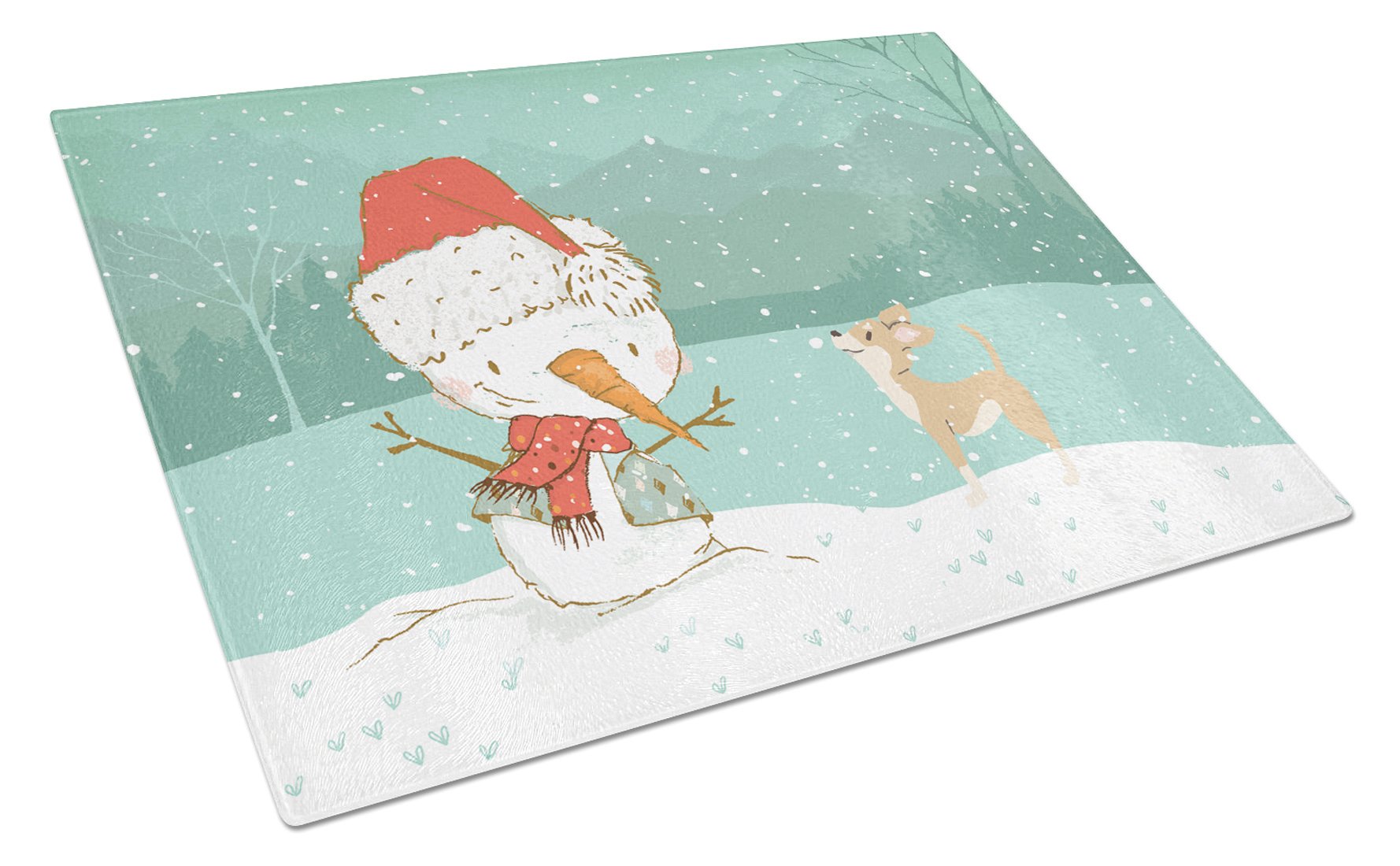 Tan Chihuahua Snowman Christmas Cutting Board Tempered Glass Kitchen Cutting Surface, Heat Resistant Chopping, Non-Slip Feet, Food Prep & Serving