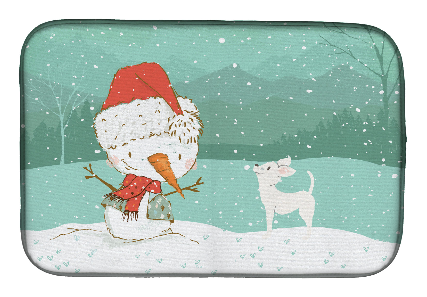White Chihuahua Snowman Christmas Dish Drying Mat Absorbent Dish Drying Mat Pad for Kitchen Counter Dish Drainer Mat for Countertop, 14 x 21", Multicolor