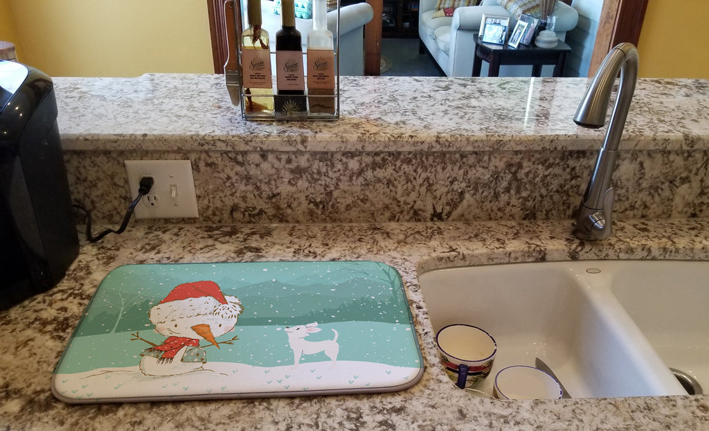 White Chihuahua Snowman Christmas Dish Drying Mat Absorbent Dish Drying Mat Pad for Kitchen Counter Dish Drainer Mat for Countertop, 14 x 21", Multicolor