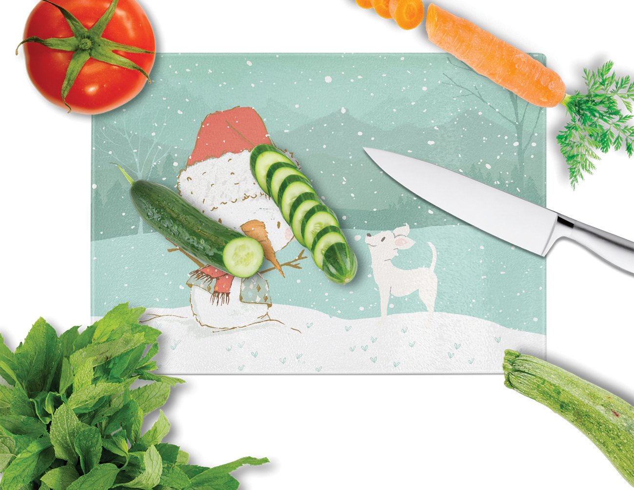 White Chihuahua Snowman Christmas Cutting Board Tempered Glass Kitchen Cutting Surface, Heat Resistant Chopping, Non-Slip Feet, Food Prep & Serving