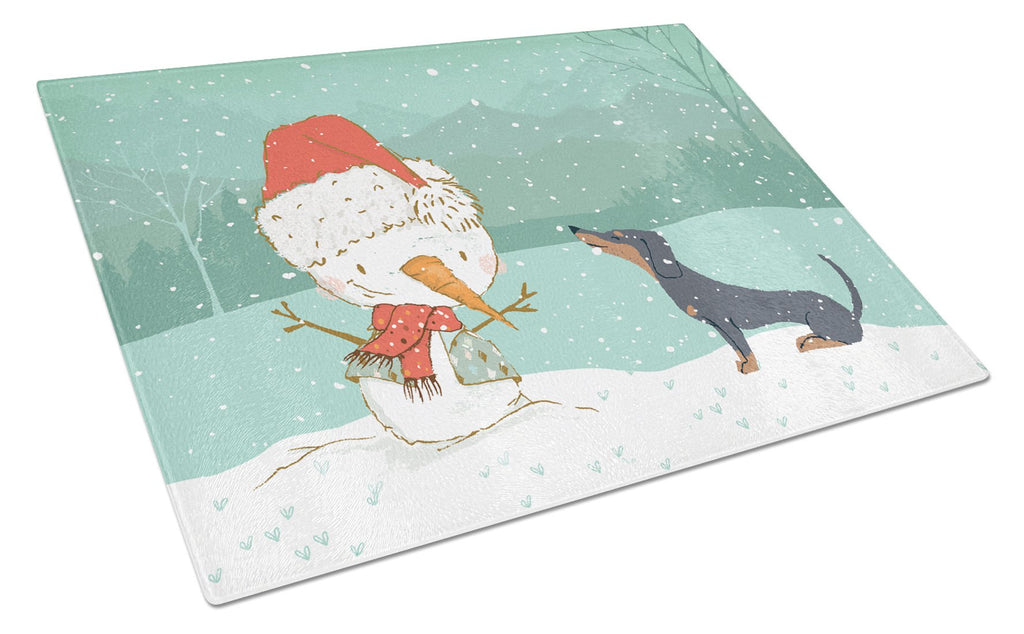 Black Tan Dachshund Snowman Christmas Cutting Board Tempered Glass Kitchen Cutting Surface, Heat Resistant Chopping, Non-Slip Feet, Food Prep & Serving