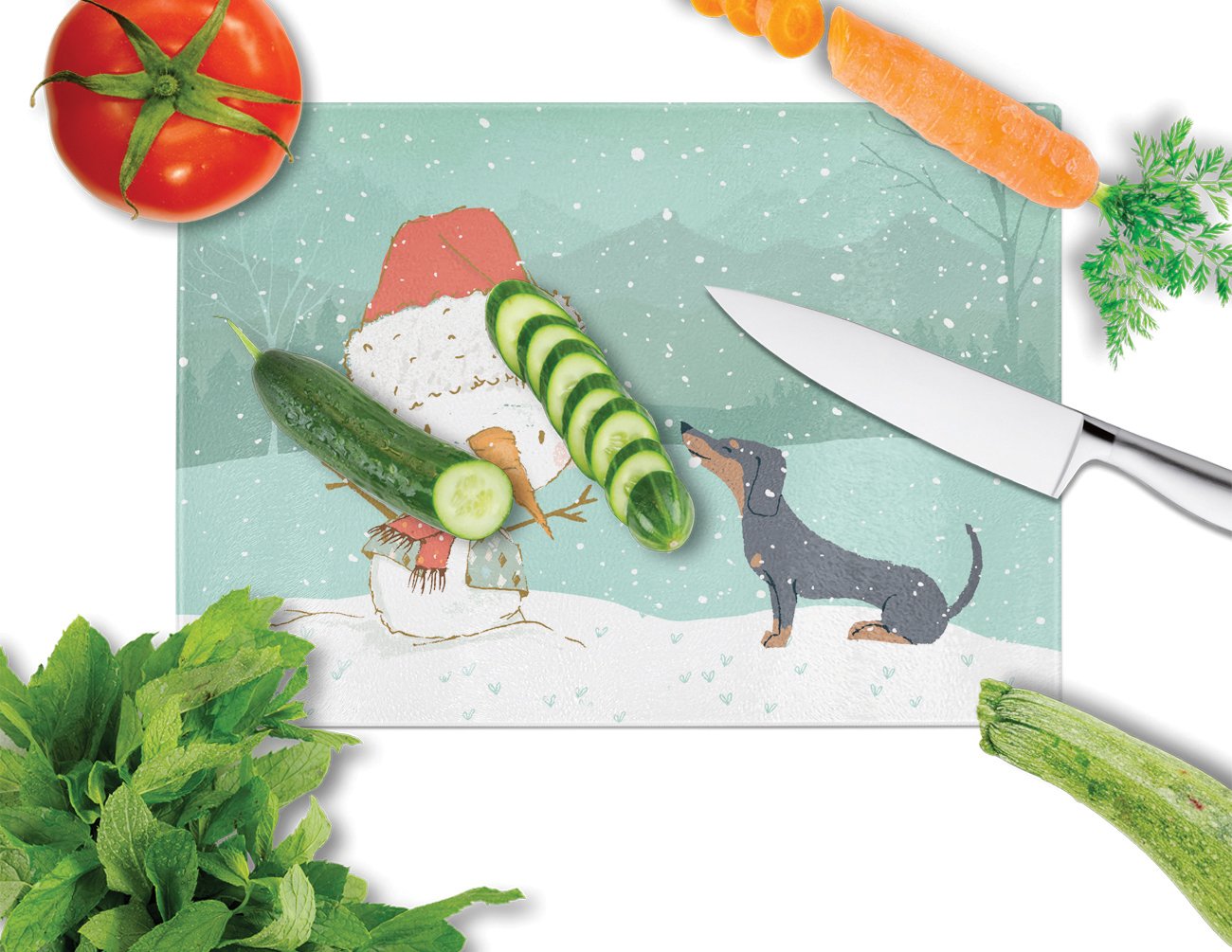 Black Tan Dachshund Snowman Christmas Cutting Board Tempered Glass Kitchen Cutting Surface, Heat Resistant Chopping, Non-Slip Feet, Food Prep & Serving