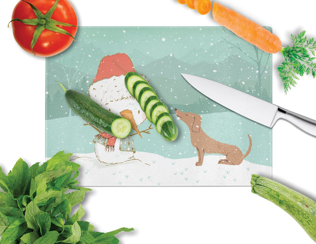 Red Dachshund Snowman Christmas Cutting Board Tempered Glass Kitchen Cutting Surface, Heat Resistant Chopping, Non-Slip Feet, Food Prep & Serving