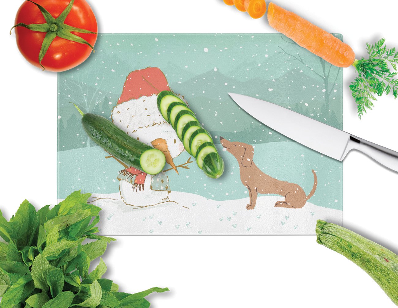 Red Dachshund Snowman Christmas Cutting Board Tempered Glass Kitchen Cutting Surface, Heat Resistant Chopping, Non-Slip Feet, Food Prep & Serving