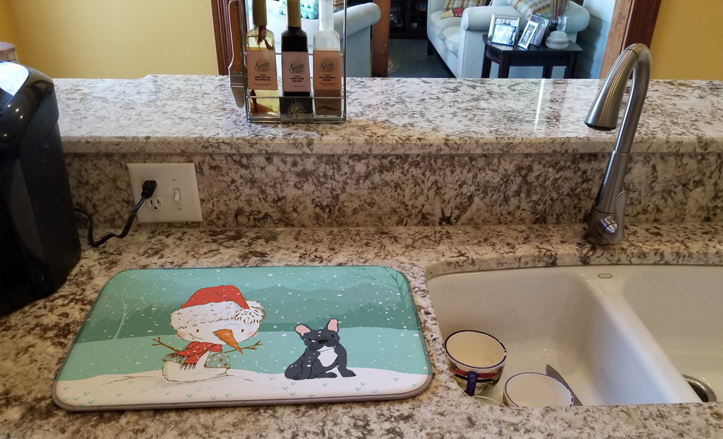 Black French Bulldog Snowman Christmas Dish Drying Mat Absorbent Dish Drying Mat Pad for Kitchen Counter Dish Drainer Mat for Countertop, 14 x 21", Multicolor
