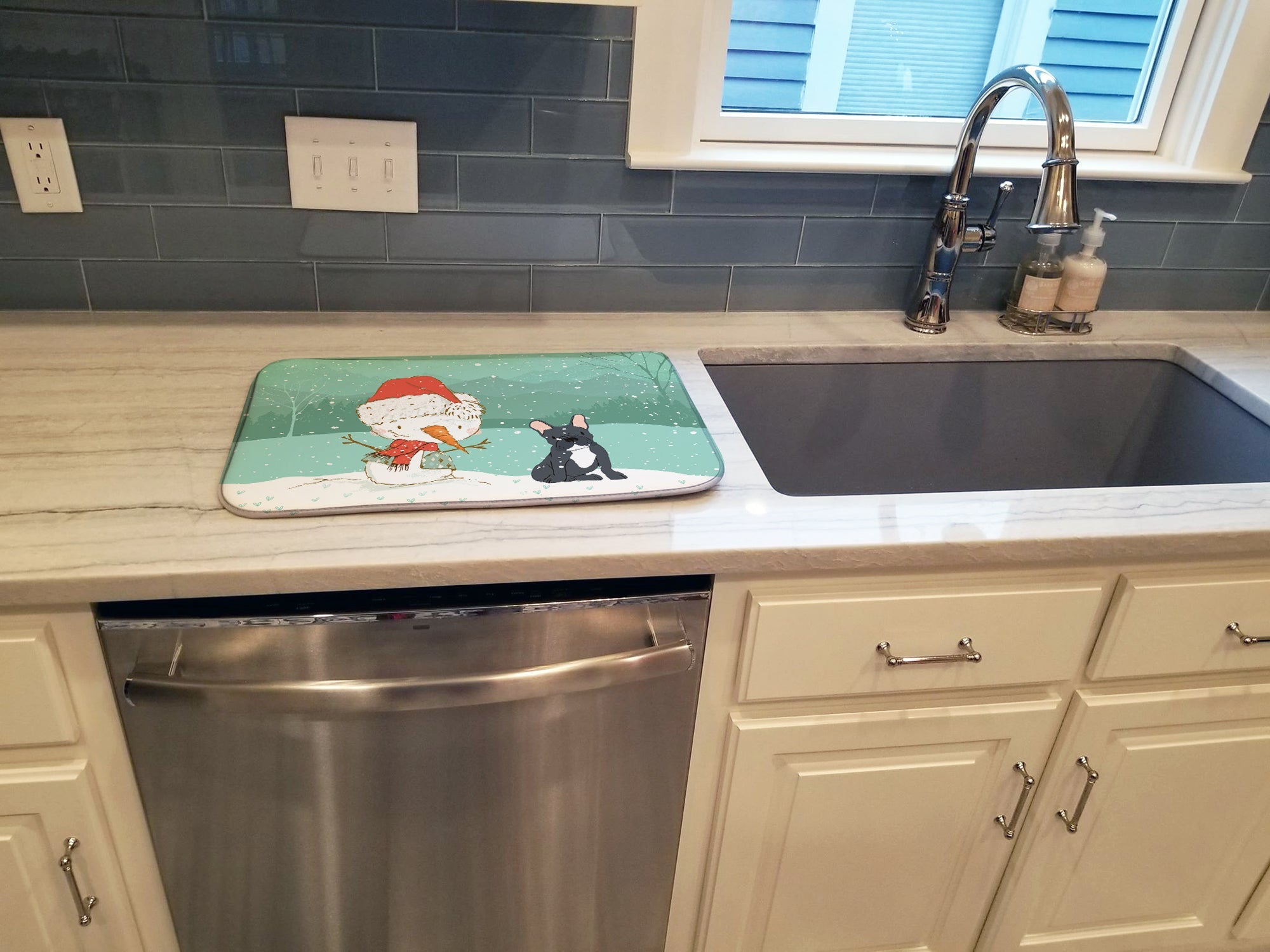 Black French Bulldog Snowman Christmas Dish Drying Mat Absorbent Dish Drying Mat Pad for Kitchen Counter Dish Drainer Mat for Countertop, 14 x 21", Multicolor