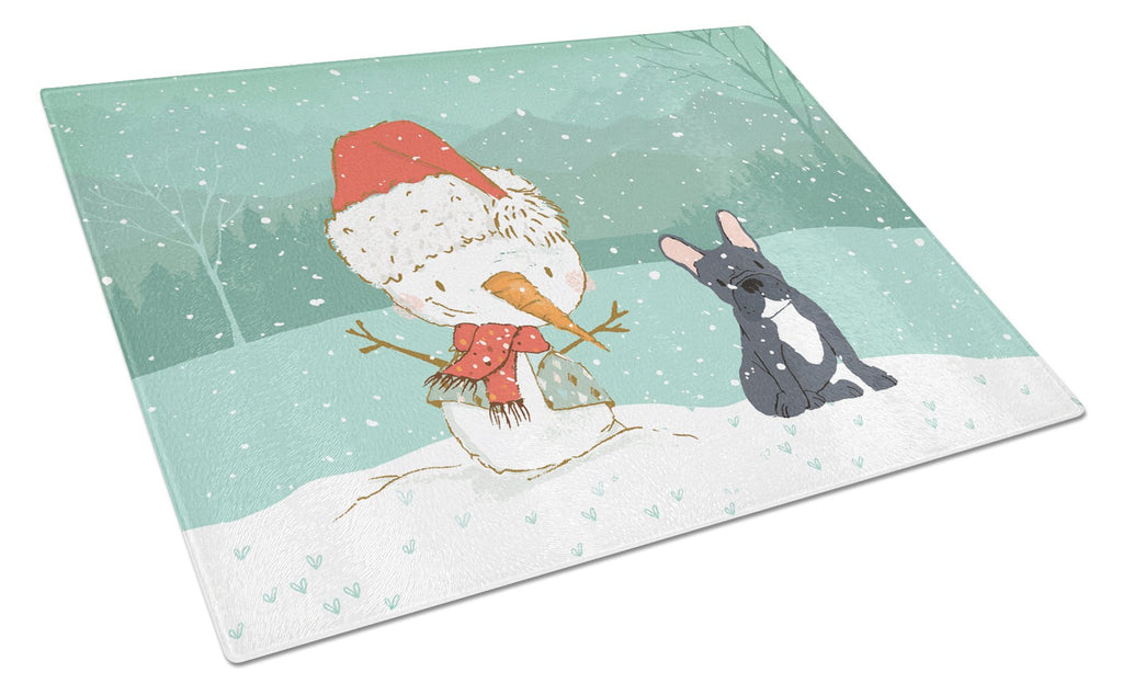 Black French Bulldog Snowman Christmas Cutting Board Tempered Glass Kitchen Cutting Surface, Heat Resistant Chopping, Non-Slip Feet, Food Prep & Serving