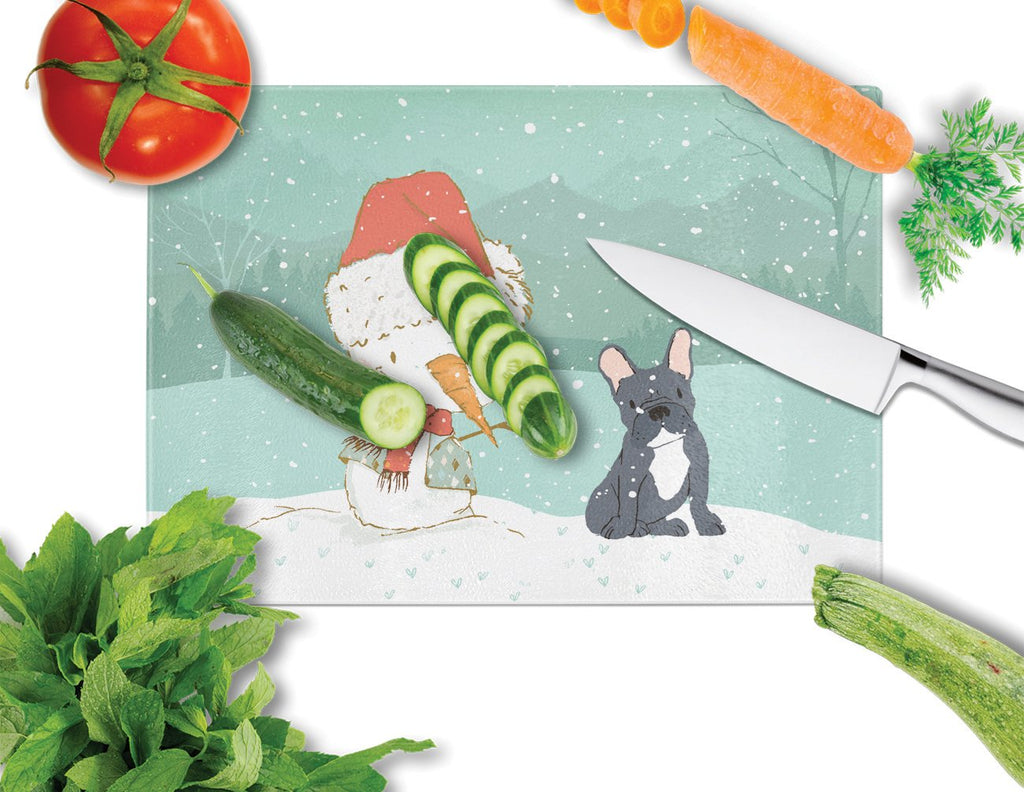Black French Bulldog Snowman Christmas Cutting Board Tempered Glass Kitchen Cutting Surface, Heat Resistant Chopping, Non-Slip Feet, Food Prep & Serving