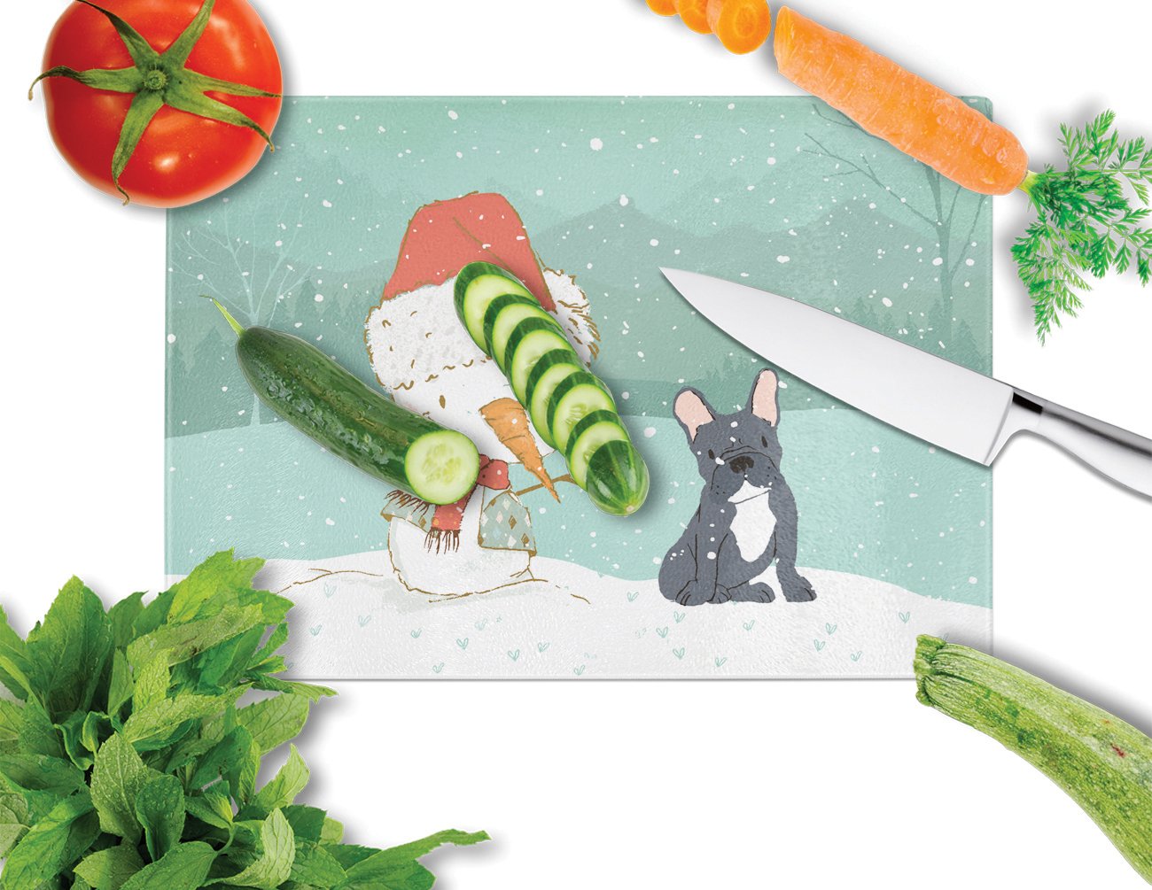 Black French Bulldog Snowman Christmas Cutting Board Tempered Glass Kitchen Cutting Surface, Heat Resistant Chopping, Non-Slip Feet, Food Prep & Serving