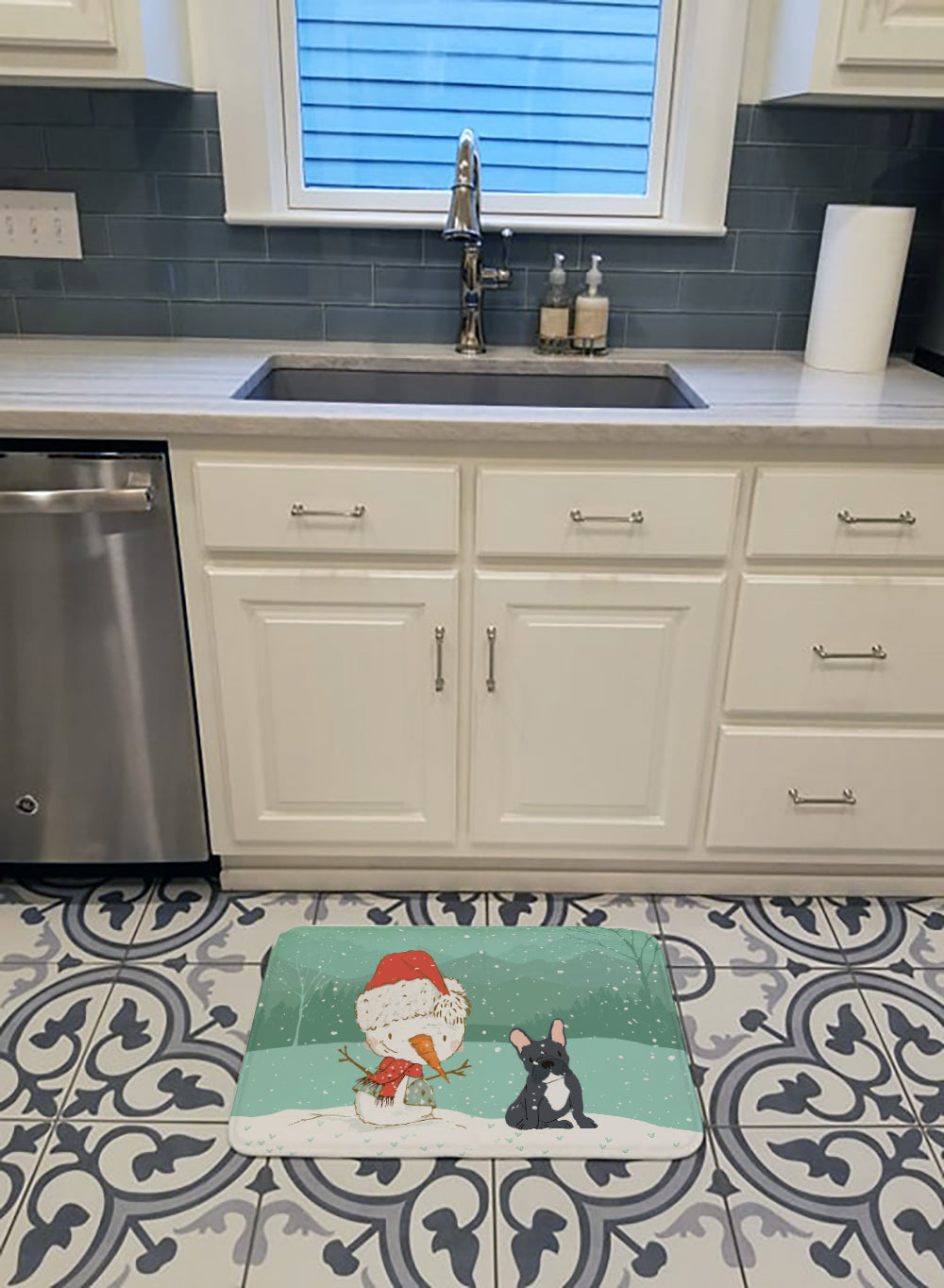 Black French Bulldog Snowman Christmas Memory Foam Kitchen Mat Machine Washable Anti-Fatigue Cushion Comfort Bath or Kitchen Rug