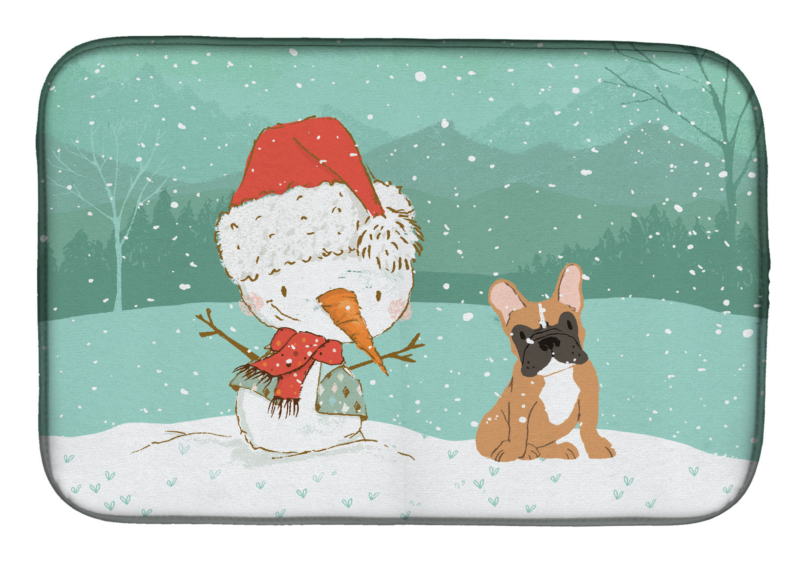 Fawn French Bulldog Snowman Christmas Dish Drying Mat Absorbent Dish Drying Mat Pad for Kitchen Counter Dish Drainer Mat for Countertop, 14 x 21", Multicolor