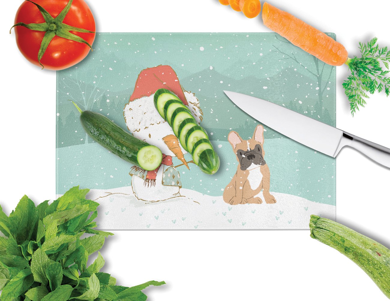Fawn French Bulldog Snowman Christmas Cutting Board Tempered Glass Kitchen Cutting Surface, Heat Resistant Chopping, Non-Slip Feet, Food Prep & Serving