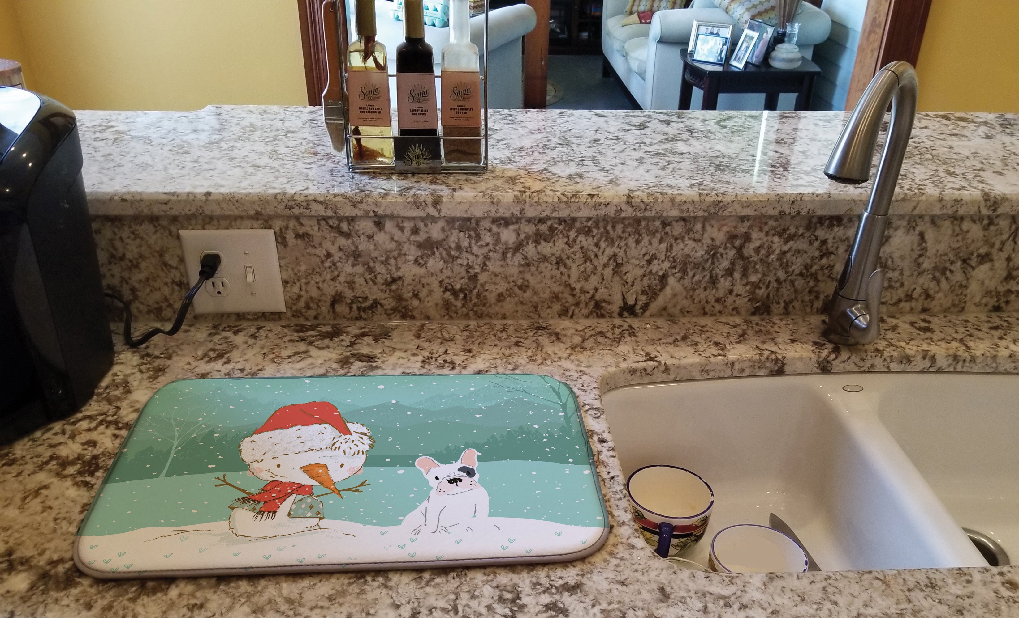 Piebald French Bulldog Snowman Christmas Dish Drying Mat Absorbent Dish Drying Mat Pad for Kitchen Counter Dish Drainer Mat for Countertop, 14 x 21", Multicolor