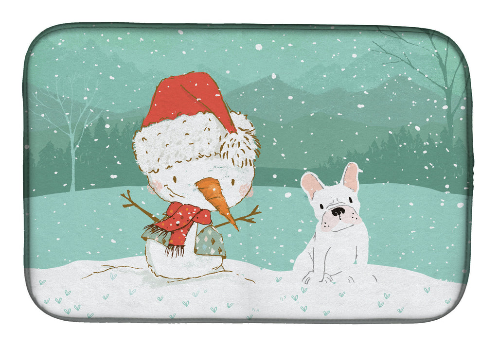 White French Bulldog Snowman Christmas Dish Drying Mat Absorbent Dish Drying Mat Pad for Kitchen Counter Dish Drainer Mat for Countertop, 14 x 21", Multicolor