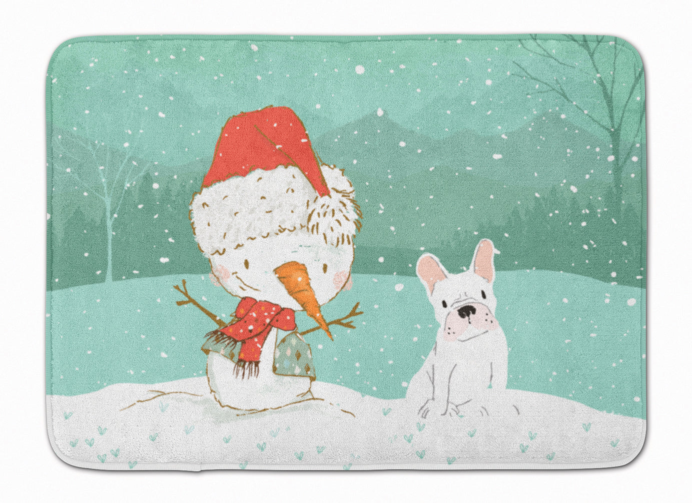 White French Bulldog Snowman Christmas Memory Foam Kitchen Mat Machine Washable Anti-Fatigue Cushion Comfort Bath or Kitchen Rug