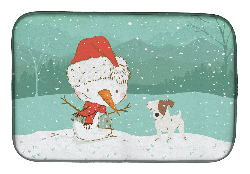 Jack Russell Terrier Snowman Christmas Dish Drying Mat Absorbent Dish Drying Mat Pad for Kitchen Counter Dish Drainer Mat for Countertop, 14 x 21", Multicolor