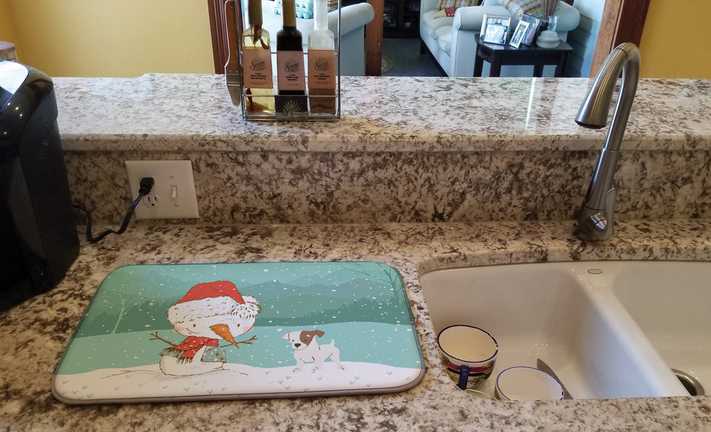 Jack Russell Terrier Snowman Christmas Dish Drying Mat Absorbent Dish Drying Mat Pad for Kitchen Counter Dish Drainer Mat for Countertop, 14 x 21", Multicolor