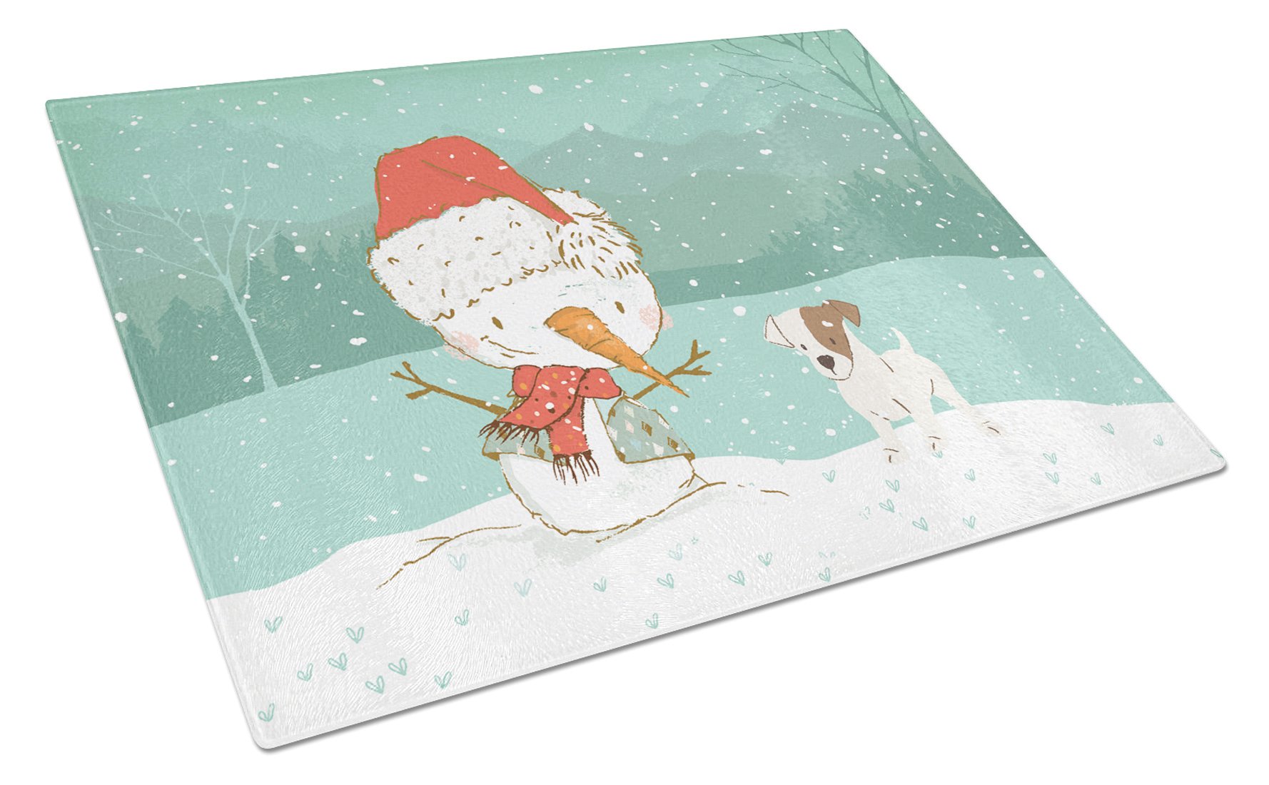 Jack Russell Terrier Snowman Christmas Cutting Board Tempered Glass Kitchen Cutting Surface, Heat Resistant Chopping, Non-Slip Feet, Food Prep & Serving