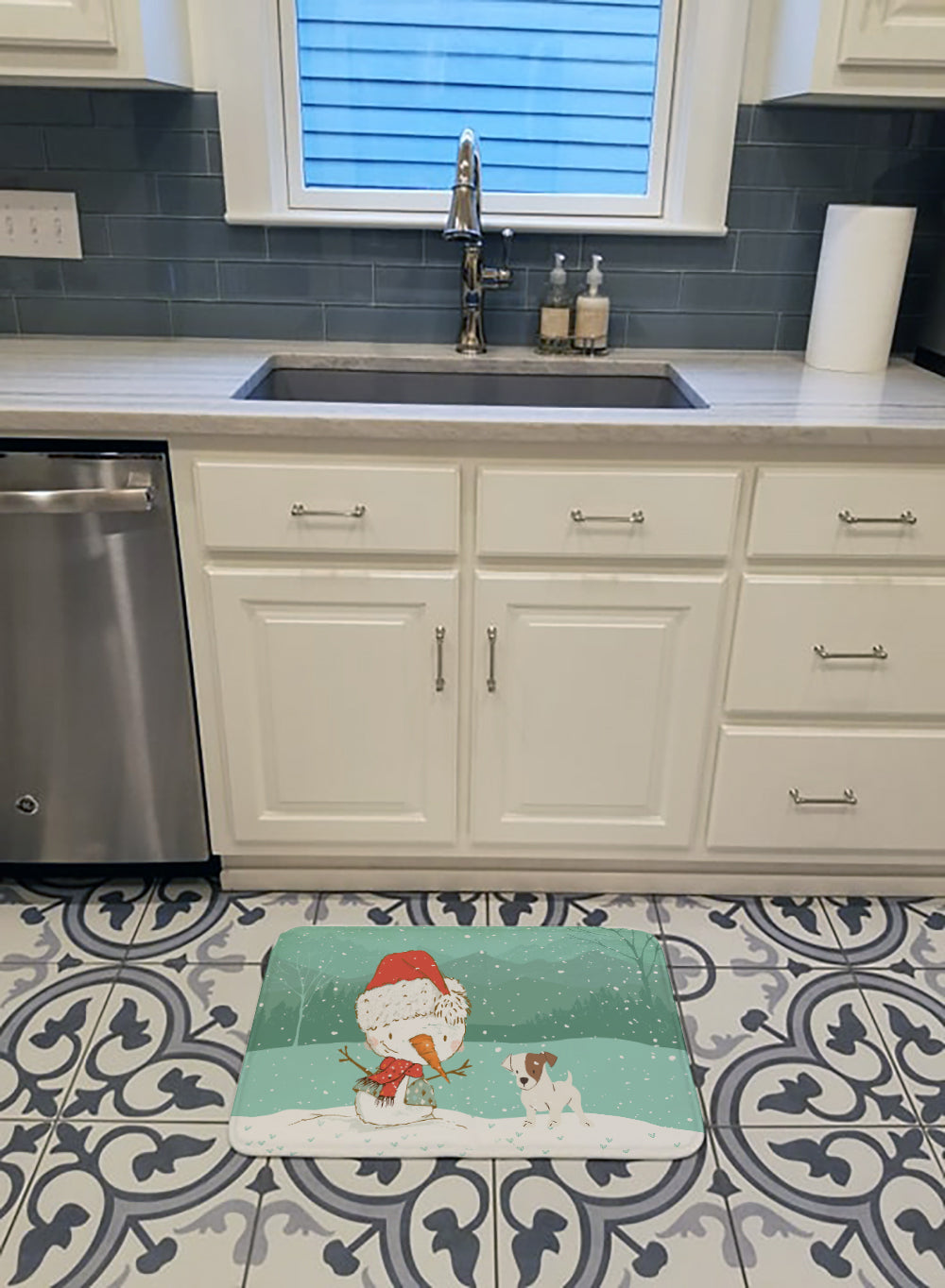 Jack Russell Terrier Snowman Christmas Memory Foam Kitchen Mat Machine Washable Anti-Fatigue Cushion Comfort Bath or Kitchen Rug