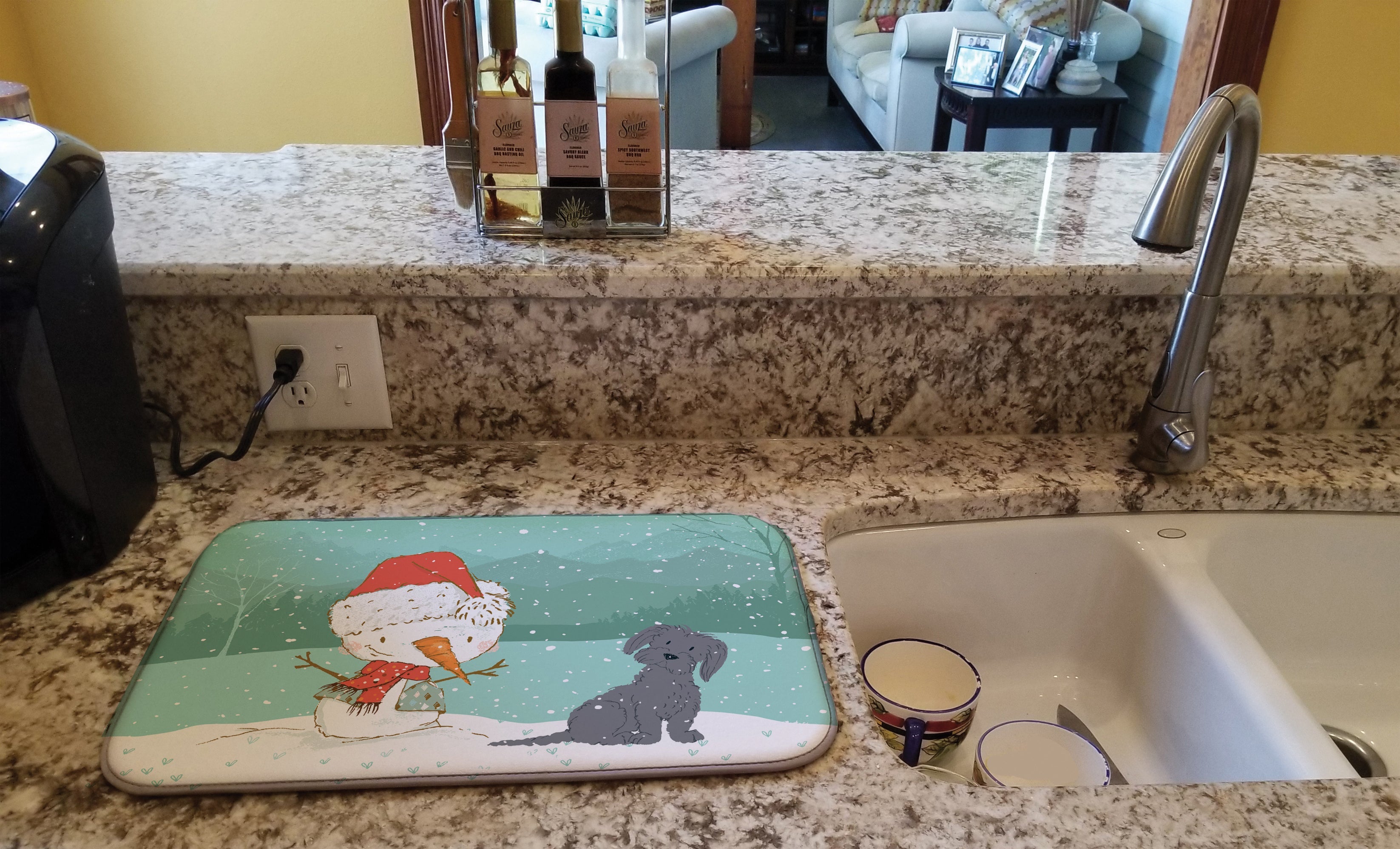 Black Maltese Snowman Christmas Dish Drying Mat Absorbent Dish Drying Mat Pad for Kitchen Counter Dish Drainer Mat for Countertop, 14 x 21", Multicolor