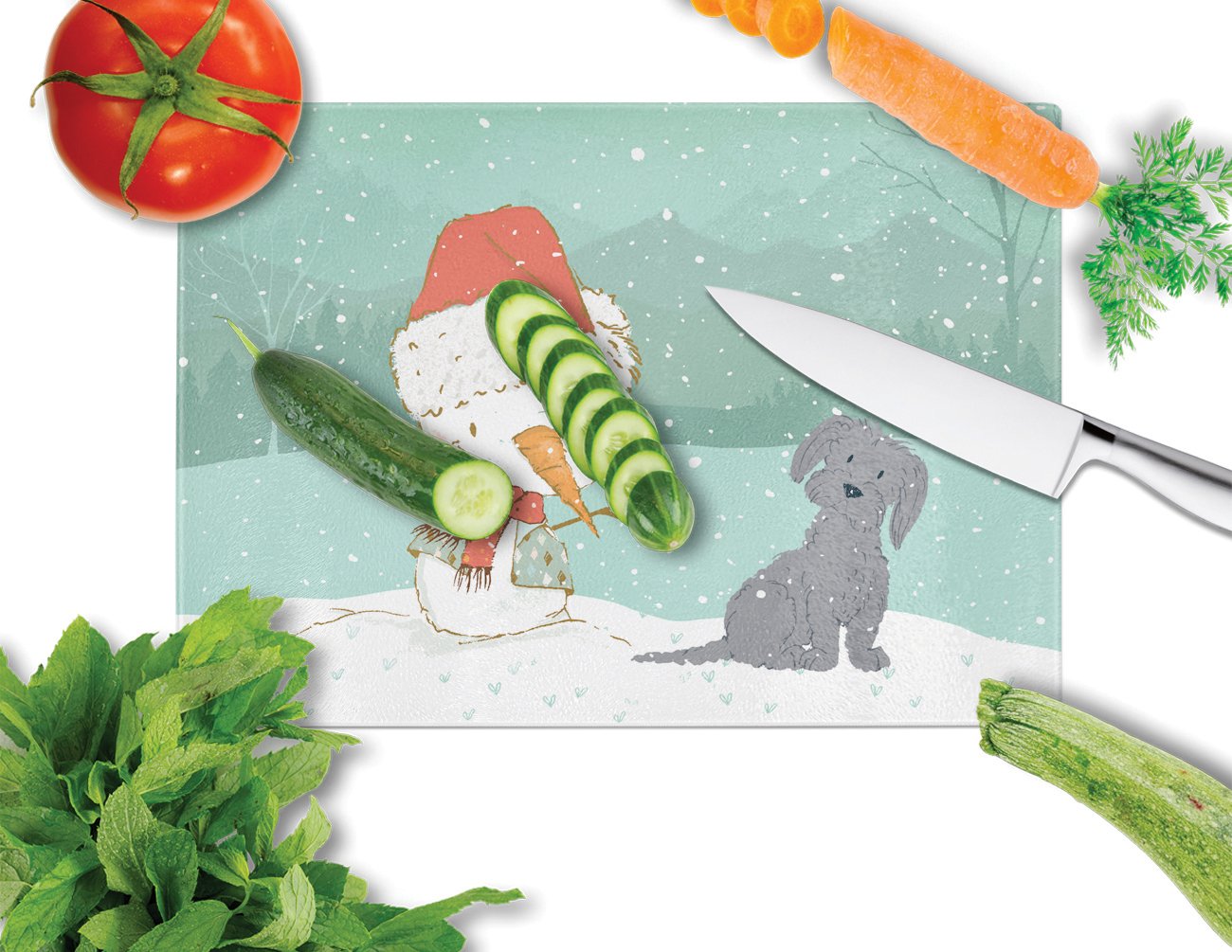 Black Maltese Snowman Christmas Cutting Board Tempered Glass Kitchen Cutting Surface, Heat Resistant Chopping, Non-Slip Feet, Food Prep & Serving