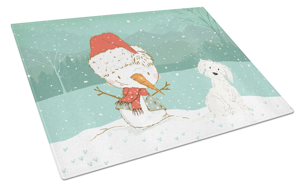 Maltese Snowman Christmas Cutting Board Tempered Glass Kitchen Cutting Surface, Heat Resistant Chopping, Non-Slip Feet, Food Prep & Serving