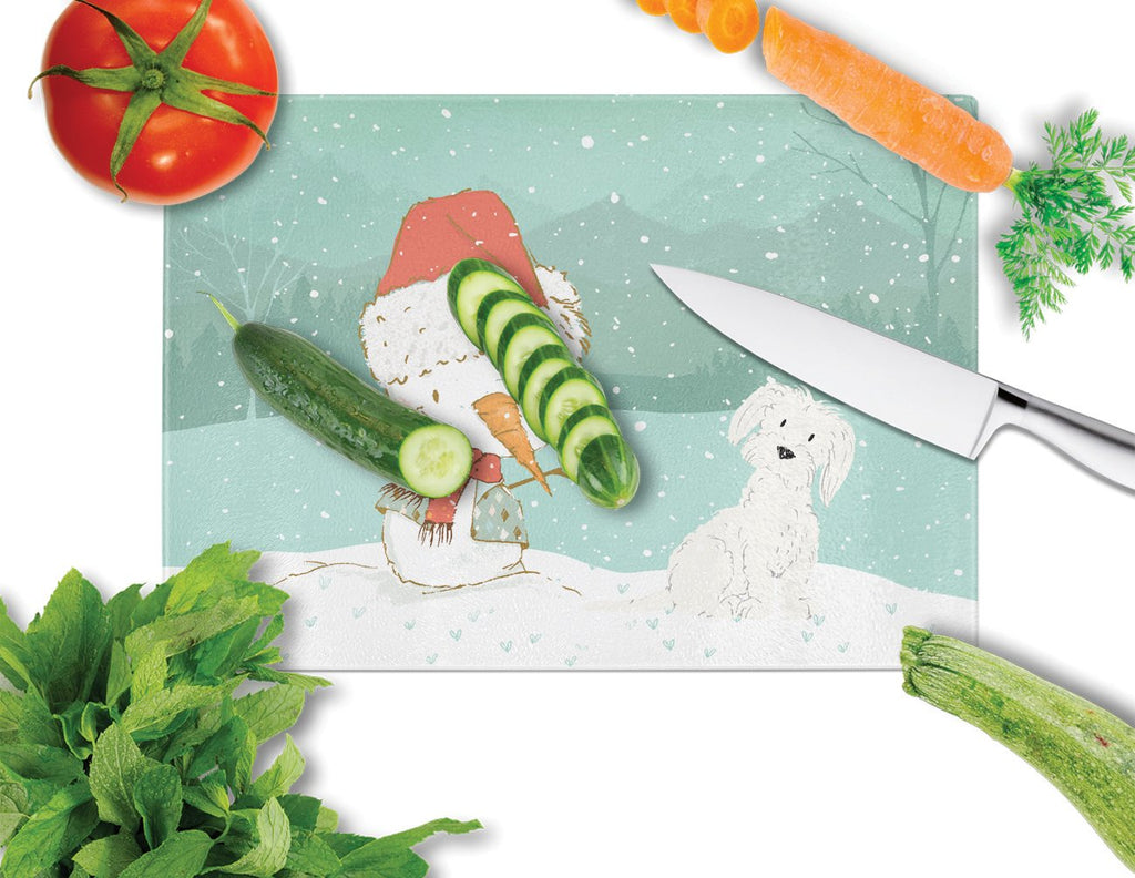 Maltese Snowman Christmas Cutting Board Tempered Glass Kitchen Cutting Surface, Heat Resistant Chopping, Non-Slip Feet, Food Prep & Serving