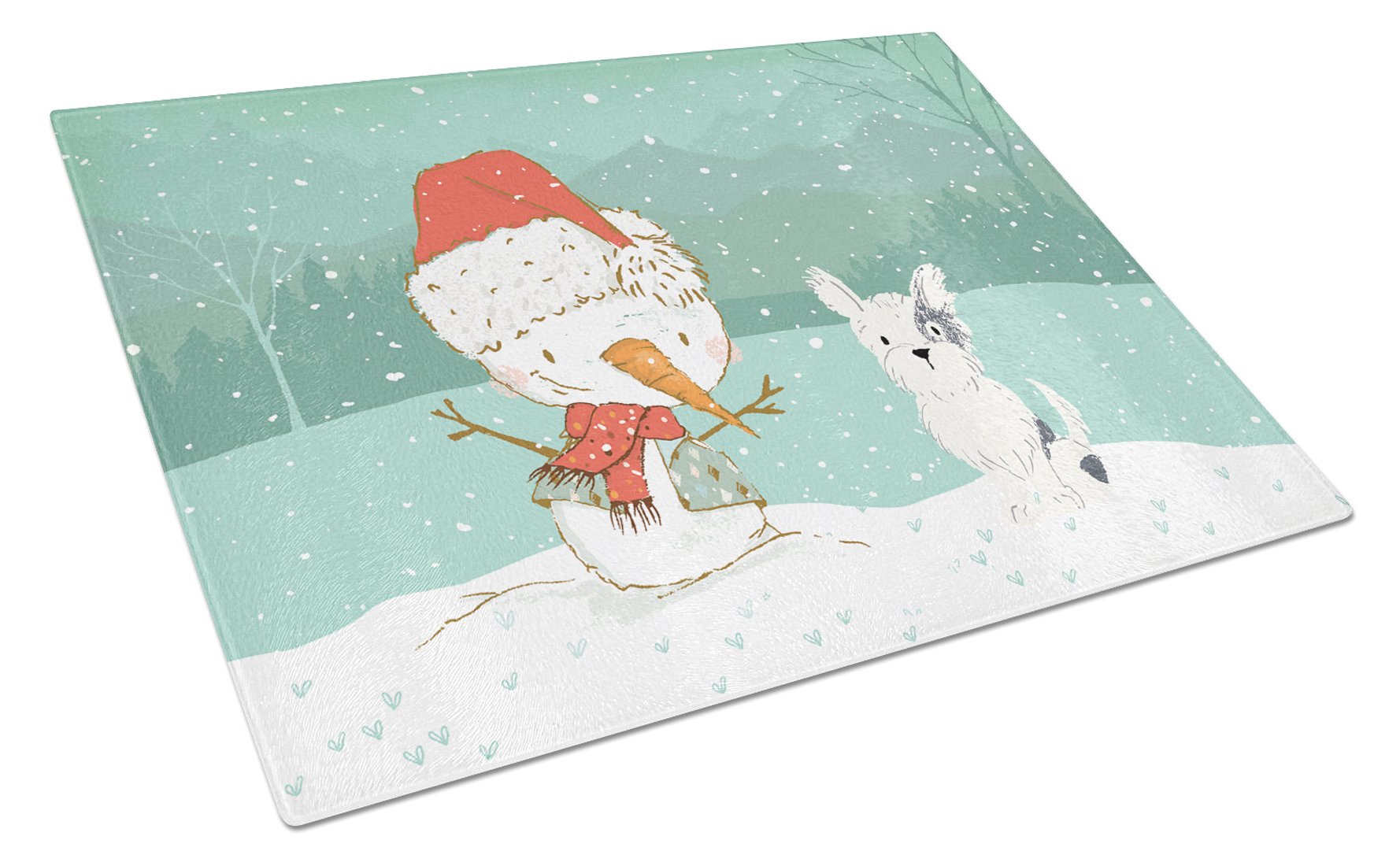 Black and White Terrier Snowman Christmas Cutting Board Tempered Glass Kitchen Cutting Surface, Heat Resistant Chopping, Non-Slip Feet, Food Prep & Serving
