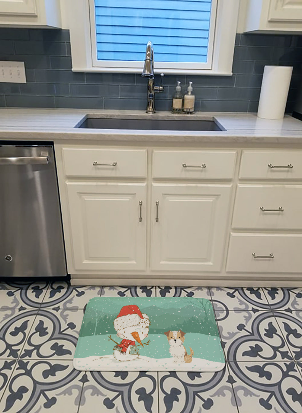 Brown and White Terrier Snowman Christmas Memory Foam Kitchen Mat Machine Washable Anti-Fatigue Cushion Comfort Bath or Kitchen Rug