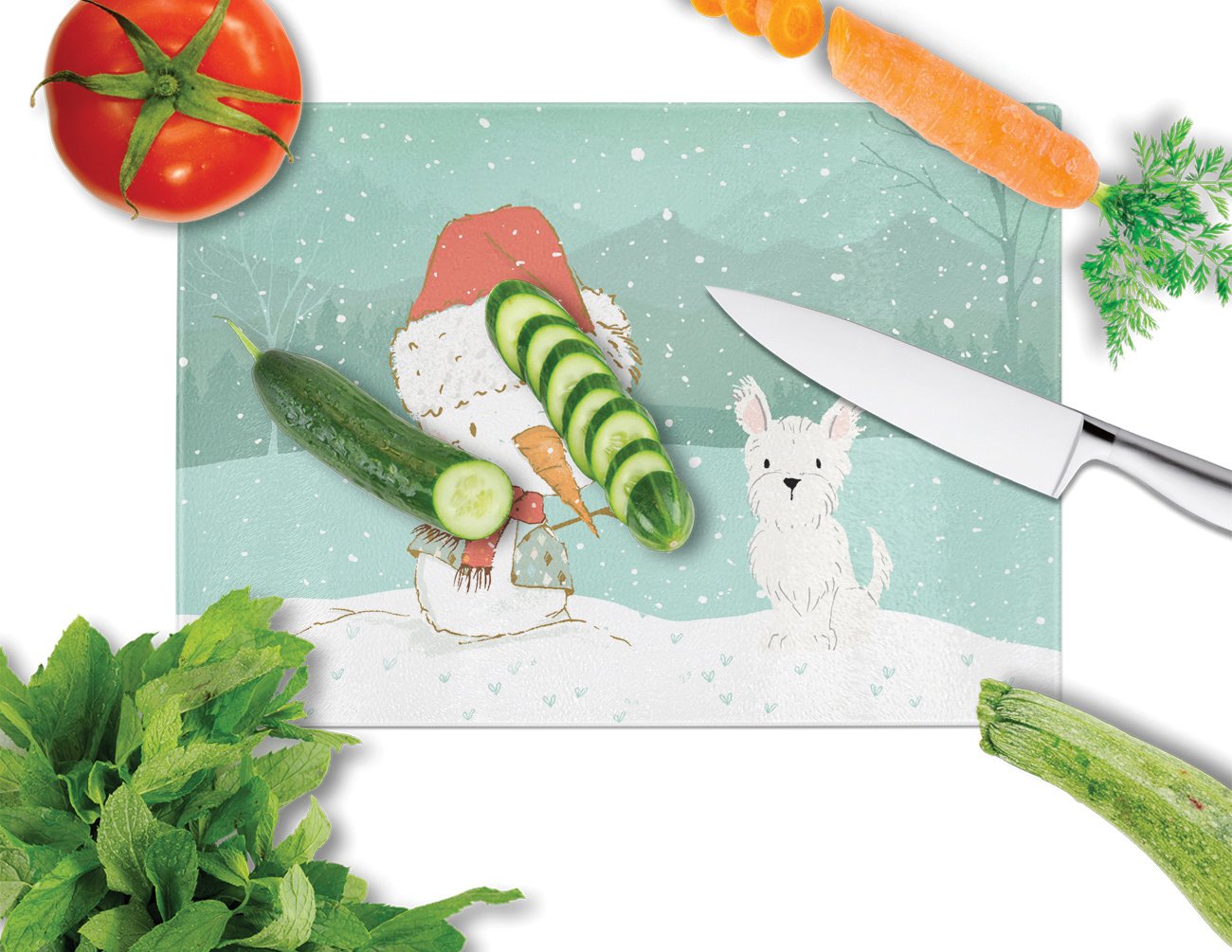 Westie Terrier Snowman Christmas Cutting Board Tempered Glass Kitchen Cutting Surface, Heat Resistant Chopping, Non-Slip Feet, Food Prep & Serving
