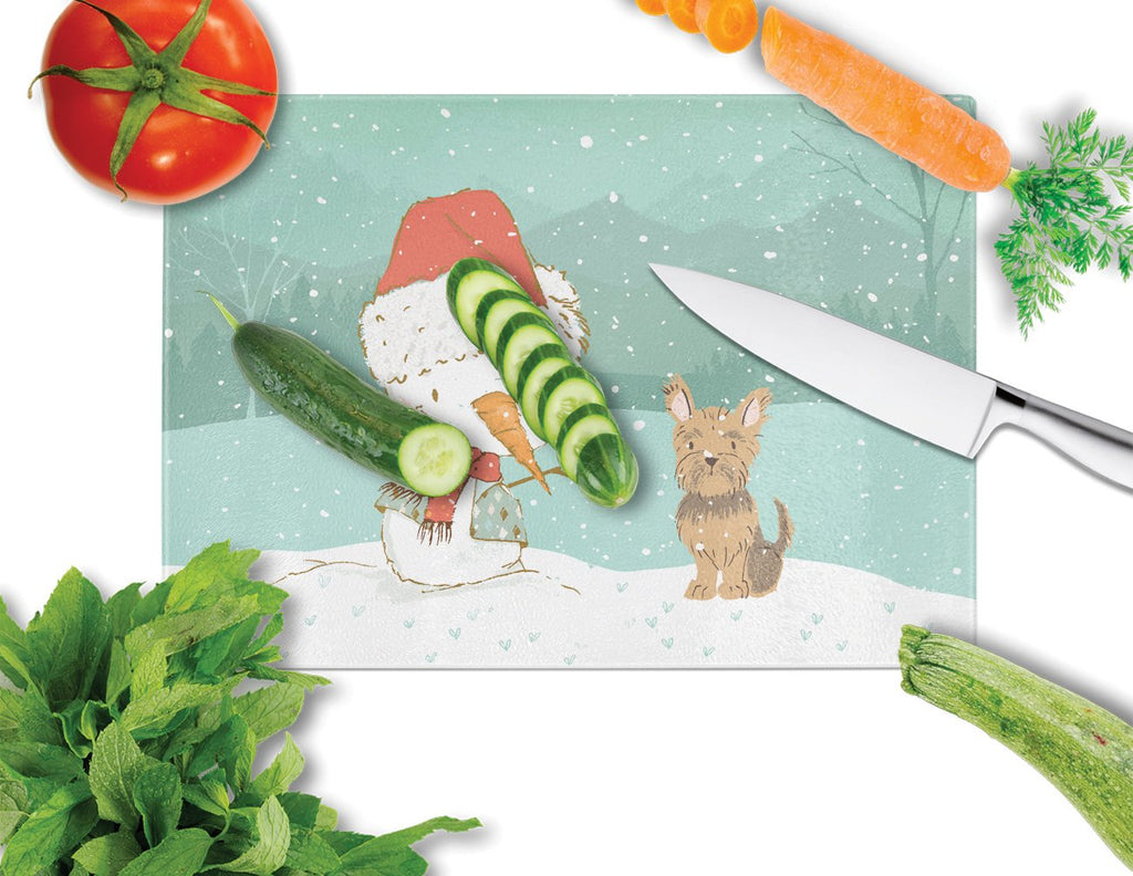 Yorkie Cropped Ears Snowman Christmas Cutting Board Tempered Glass Kitchen Cutting Surface, Heat Resistant Chopping, Non-Slip Feet, Food Prep & Serving