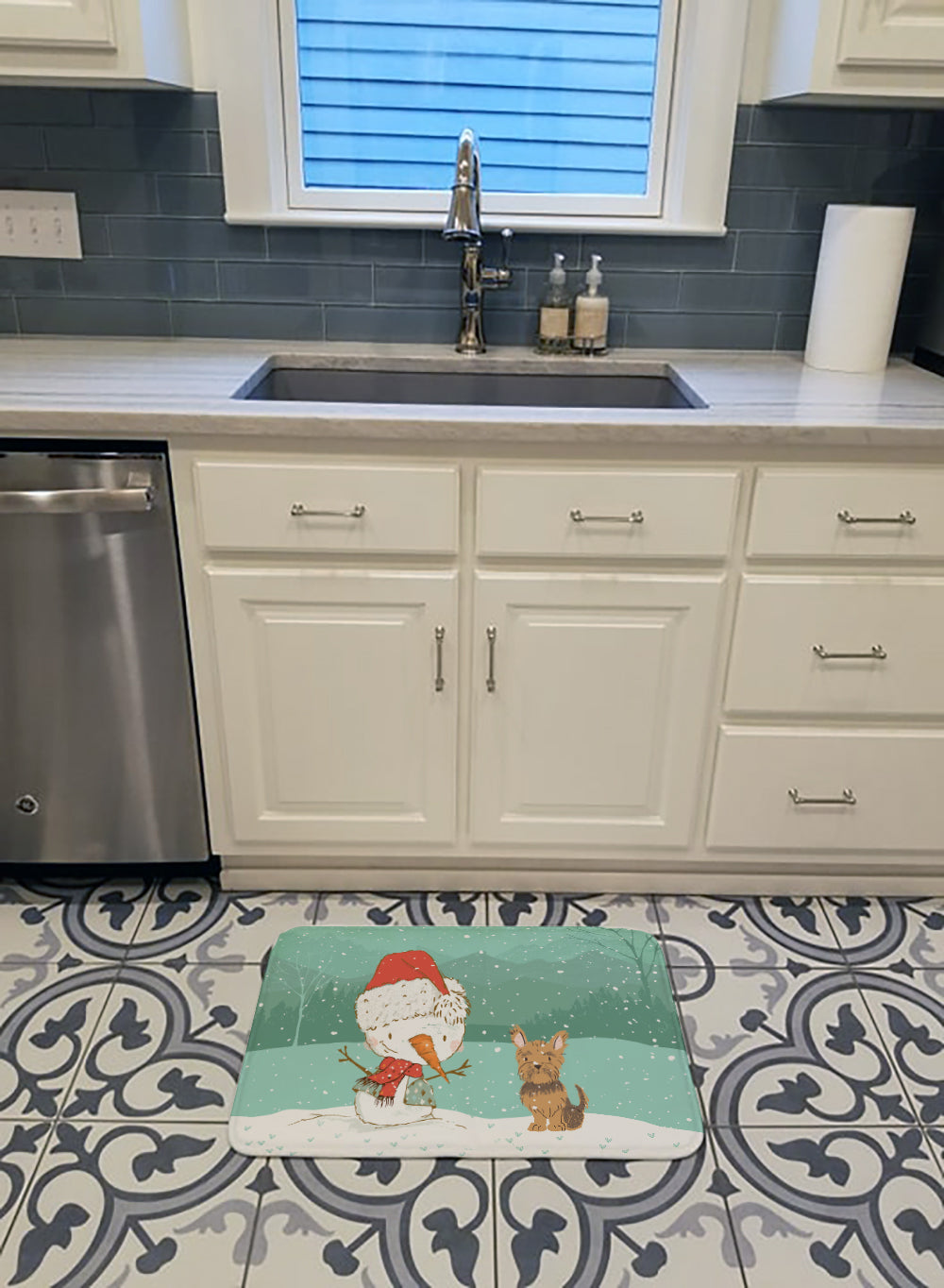 Yorkie Cropped Ears Snowman Christmas Memory Foam Kitchen Mat Machine Washable Anti-Fatigue Cushion Comfort Bath or Kitchen Rug