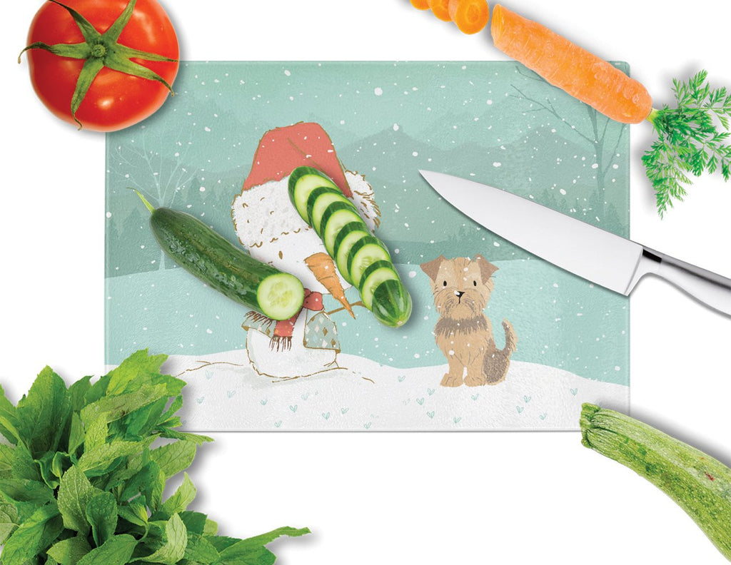Yorkie Natural Ears Snowman Christmas Cutting Board Tempered Glass Kitchen Cutting Surface, Heat Resistant Chopping, Non-Slip Feet, Food Prep & Serving