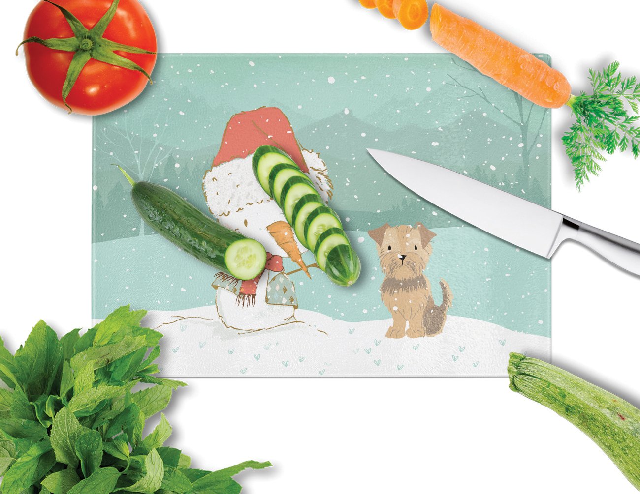 Yorkie Natural Ears Snowman Christmas Cutting Board Tempered Glass Kitchen Cutting Surface, Heat Resistant Chopping, Non-Slip Feet, Food Prep & Serving
