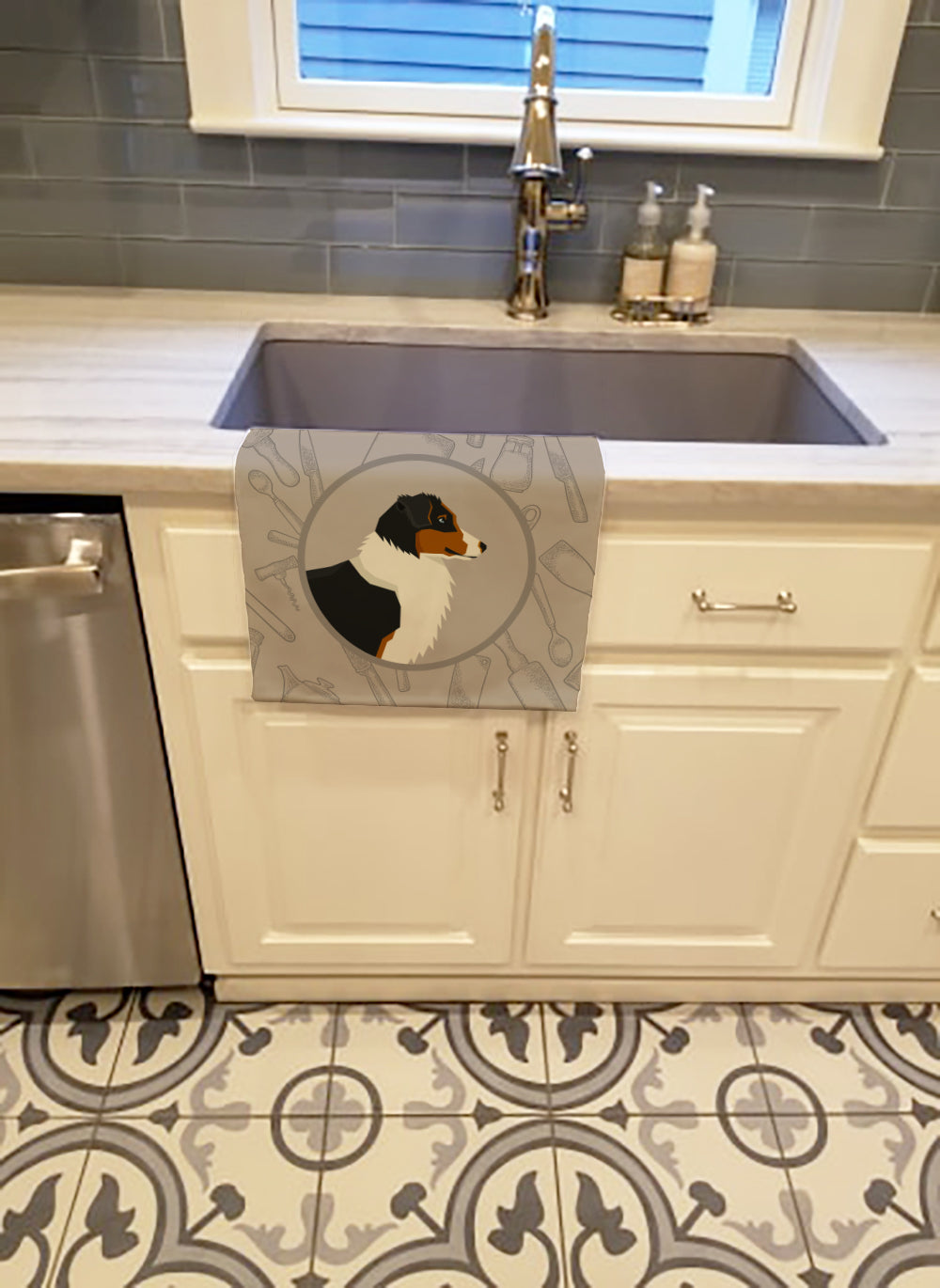 Australian Shepherd In the Kitchen Kitchen Towel Velour Plush Front and Cotton Loop Back Machine Washable