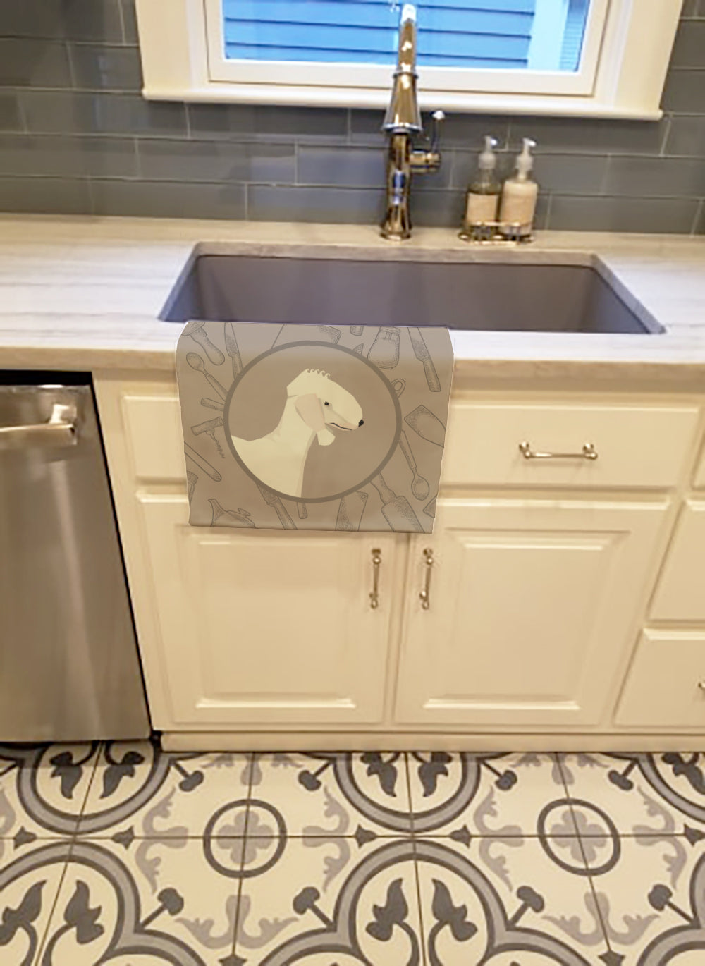 Bedlington Terrier In the Kitchen Kitchen Towel Velour Plush Front and Cotton Loop Back Machine Washable